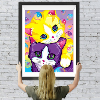 Lila Katze, gelbe Katze und Seifenblasen Diamond Painting