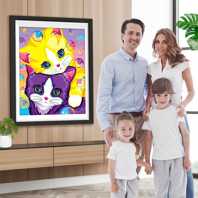 Lila Katze, gelbe Katze und Seifenblasen Diamond Painting