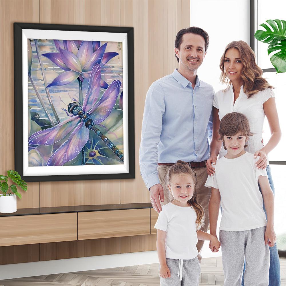 Lila Libelle und Lotusblumen Diamond Painting