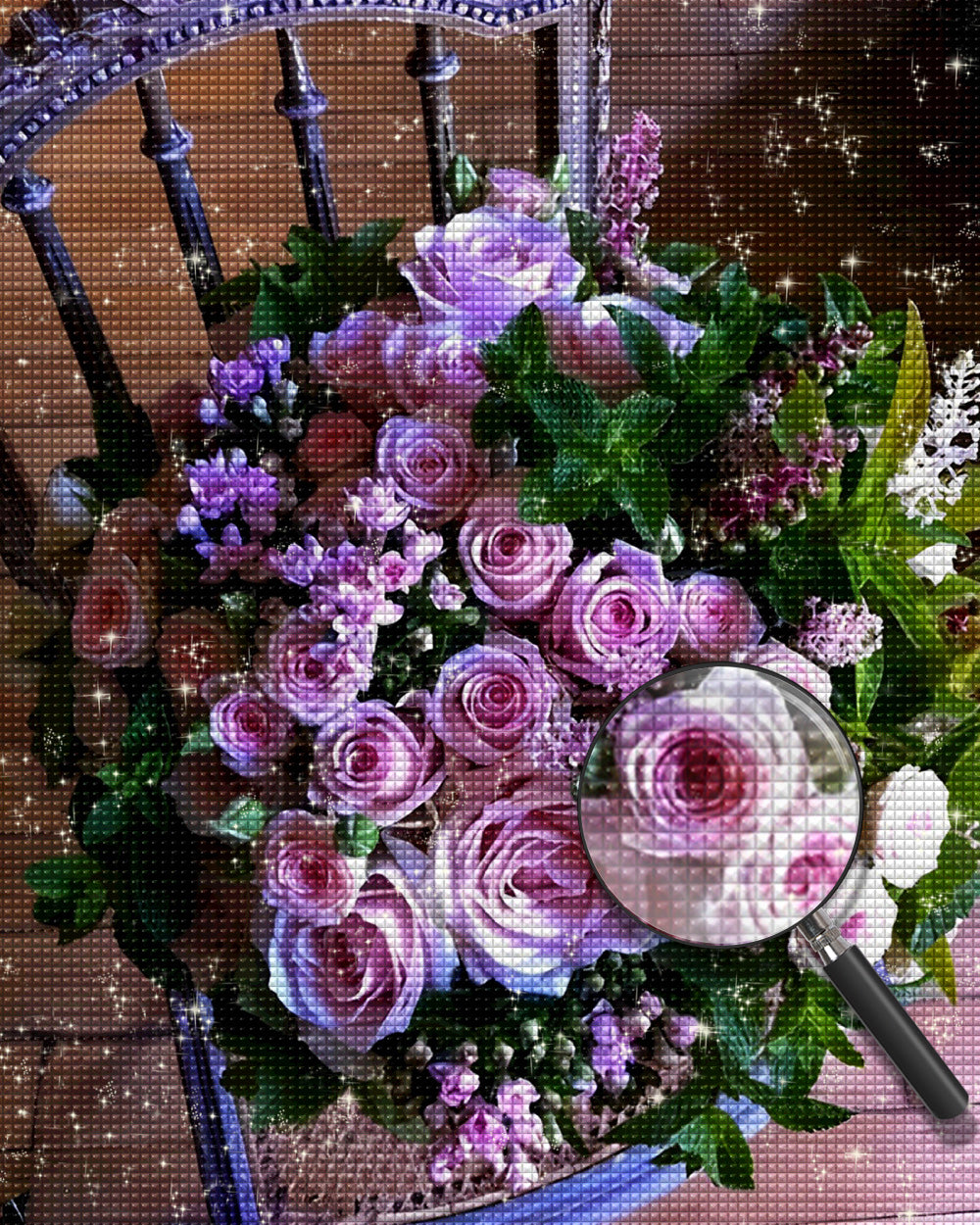 Lila Rosenstrauß auf einem Stuhl Diamond Painting