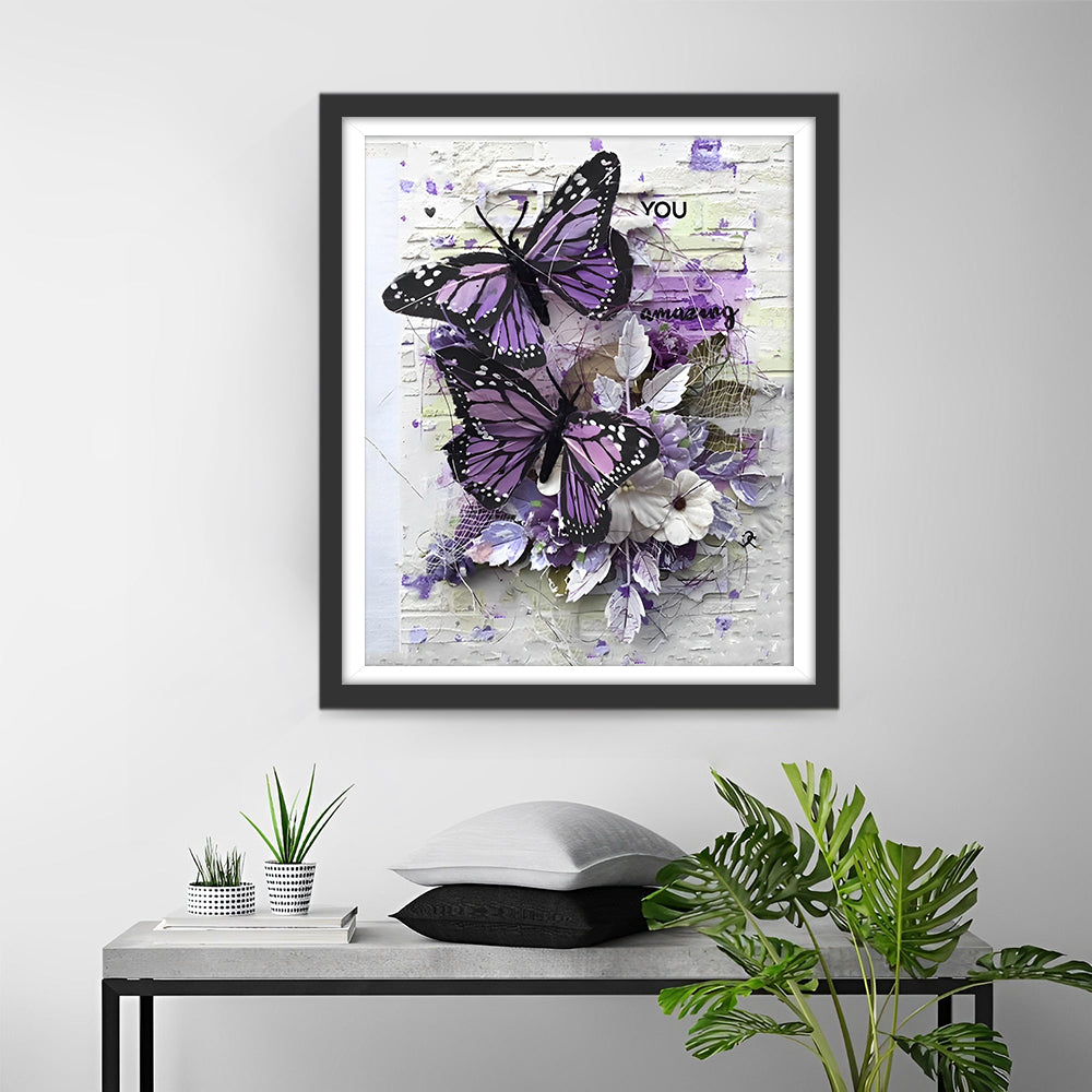 Lila und weiße Schmetterlinge an der Wand Diamond Painting