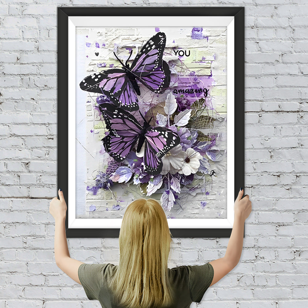 Lila und weiße Schmetterlinge an der Wand Diamond Painting