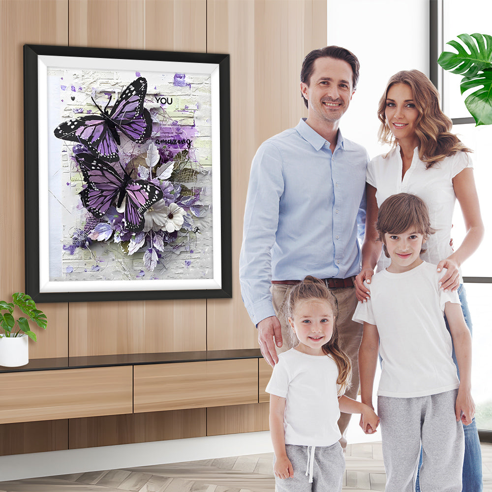 Lila und weiße Schmetterlinge an der Wand Diamond Painting