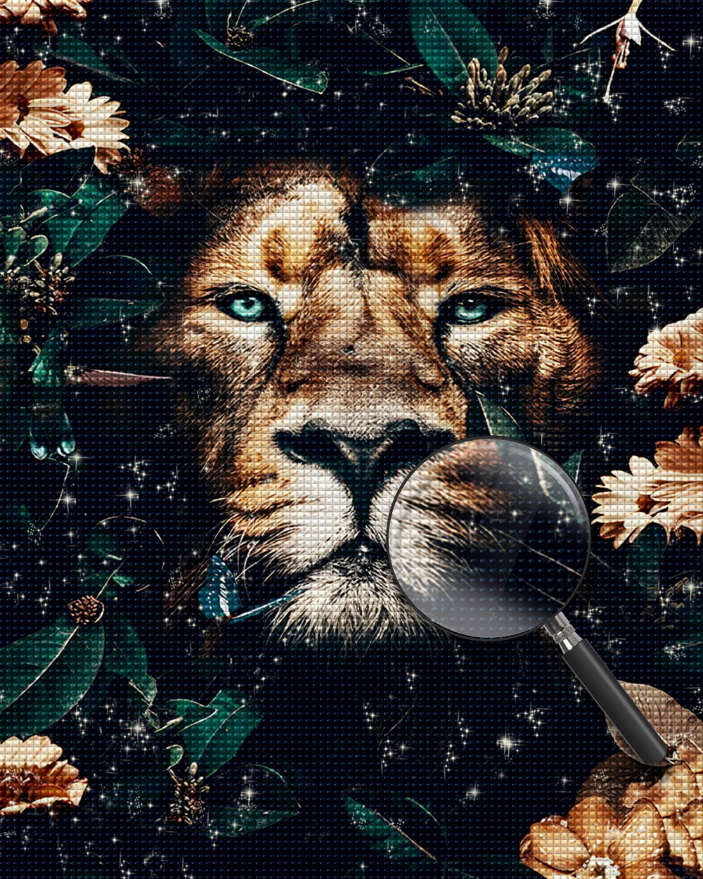 Löwe versteckt sich in den grünen Blättern Diamond Painting