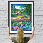 Lotusteich und Holzhütte im Sommer Diamond Painting