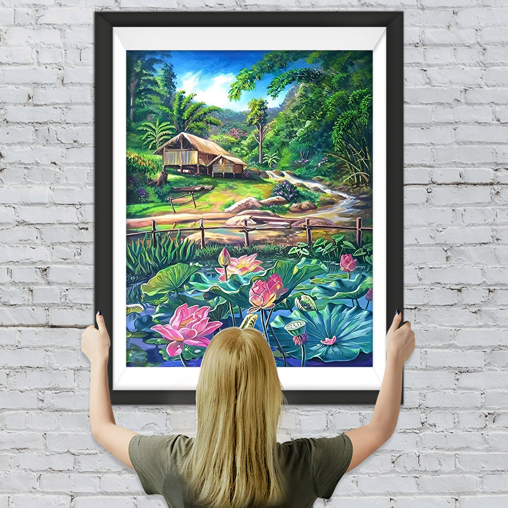 Lotusteich und Holzhütte im Sommer Diamond Painting