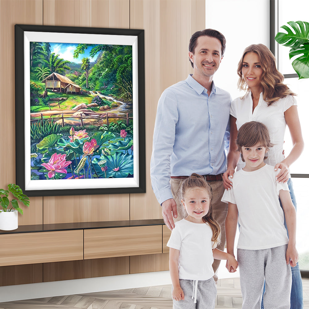 Lotusteich und Holzhütte im Sommer Diamond Painting