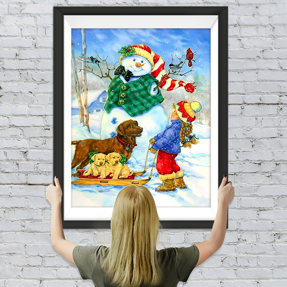 Mädchen, Hund und Weihnachtsschneemann Diamond Painting