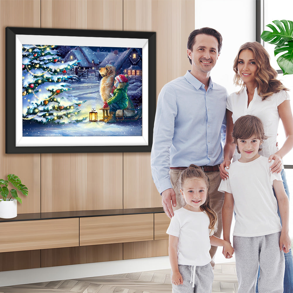 Mädchen Hund Weihnachtsbaum Diamond Painting