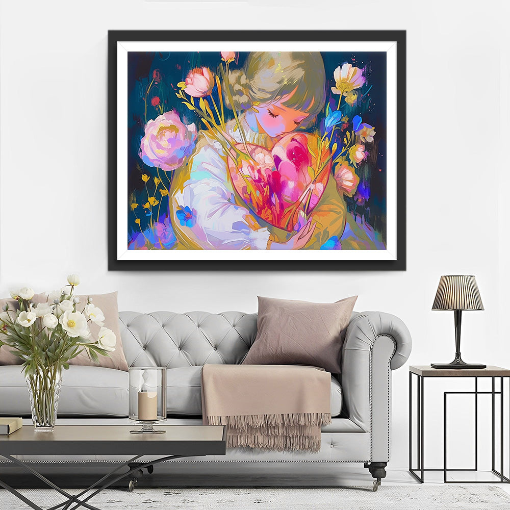 Mädchen mit herzförmigem Blumenstrauß Diamond Painting