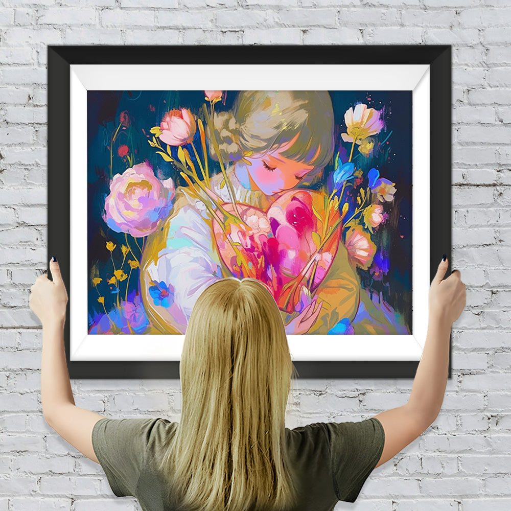 Mädchen mit herzförmigem Blumenstrauß Diamond Painting