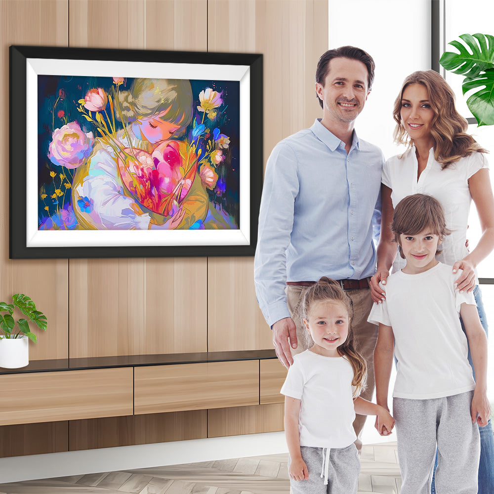 Mädchen mit herzförmigem Blumenstrauß Diamond Painting