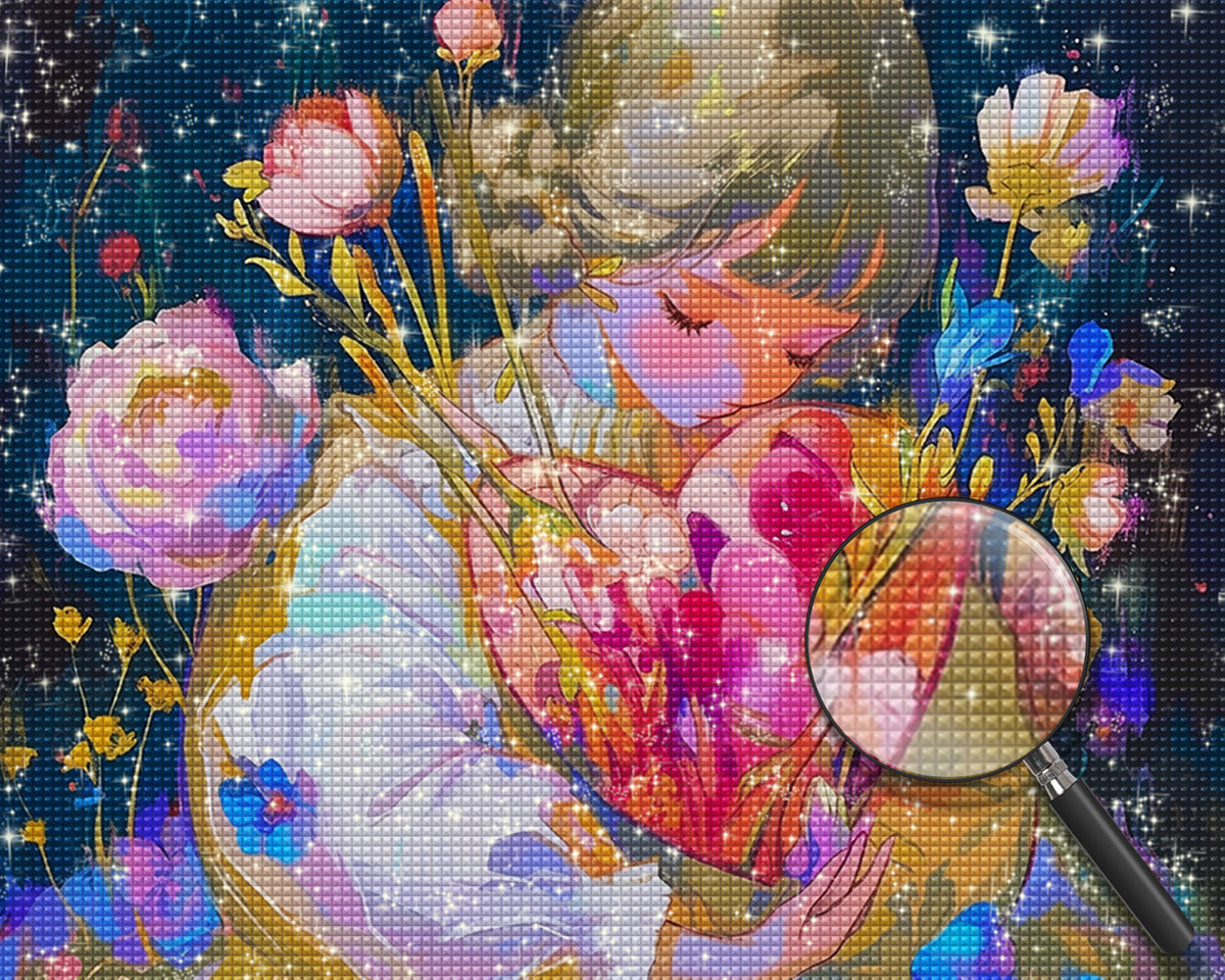 Mädchen mit herzförmigem Blumenstrauß Diamond Painting