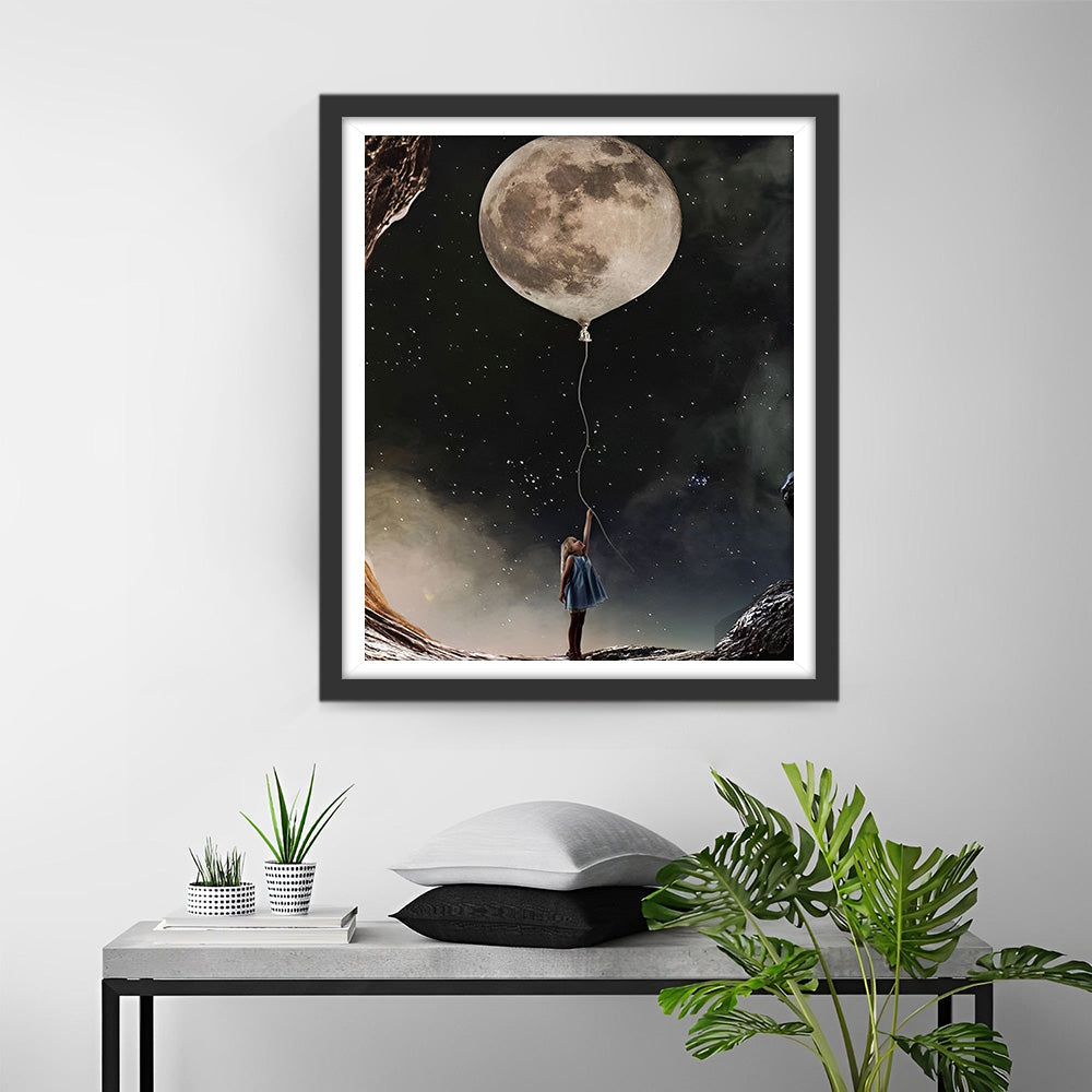 Mädchen, Mond und Luftballon Diamond Painting