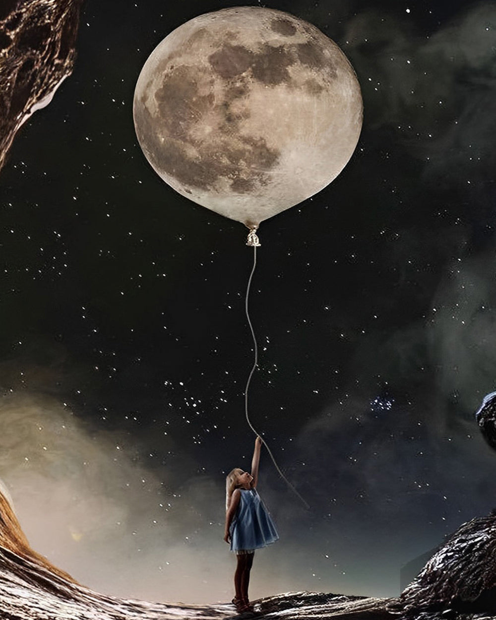 Mädchen, Mond und Luftballon Diamond Painting