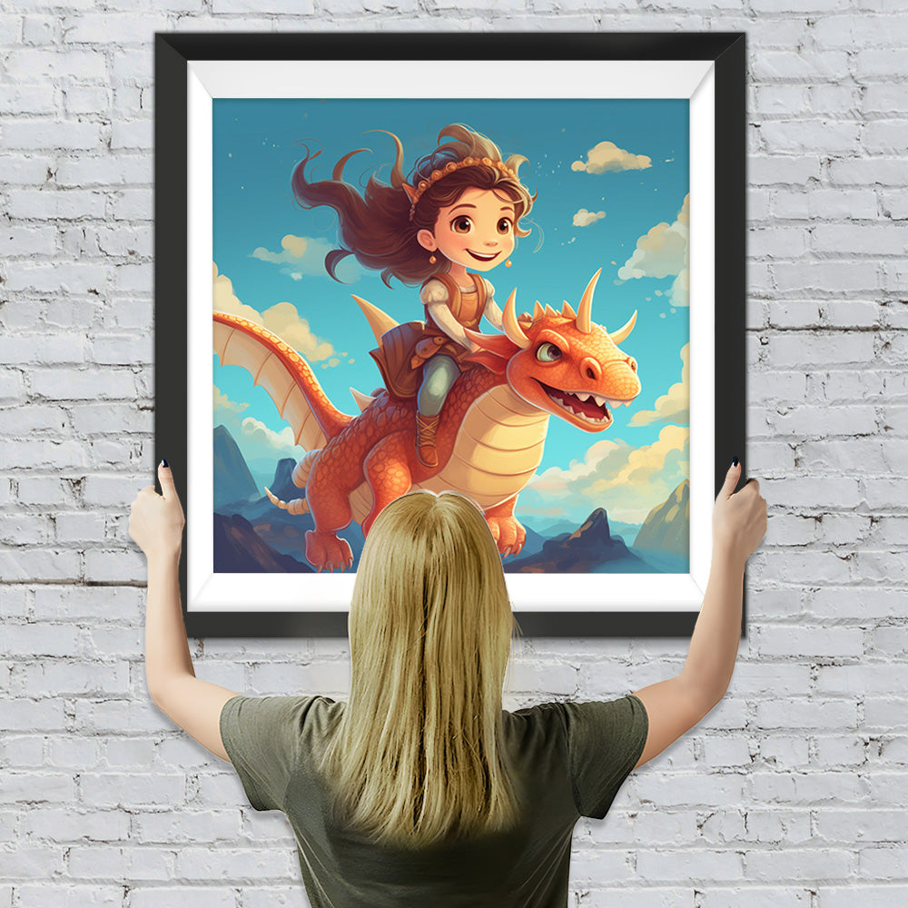 Mädchen reitet auf einem Dinosaurier Diamond Painting