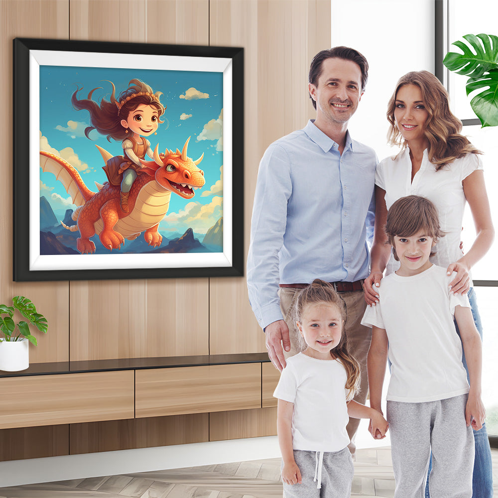 Mädchen reitet auf einem Dinosaurier Diamond Painting