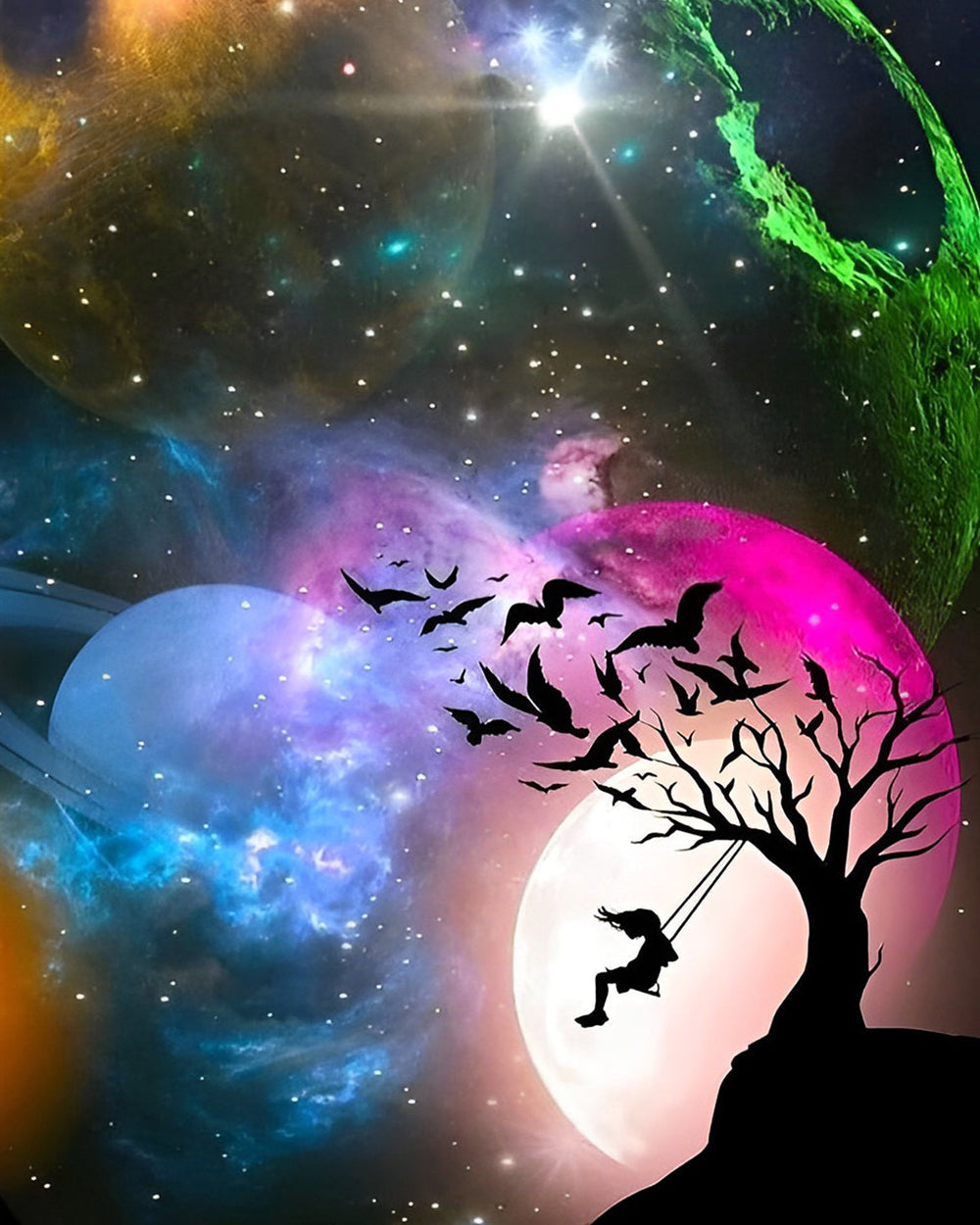 Mädchen schwingt unter den Planeten Diamond Painting