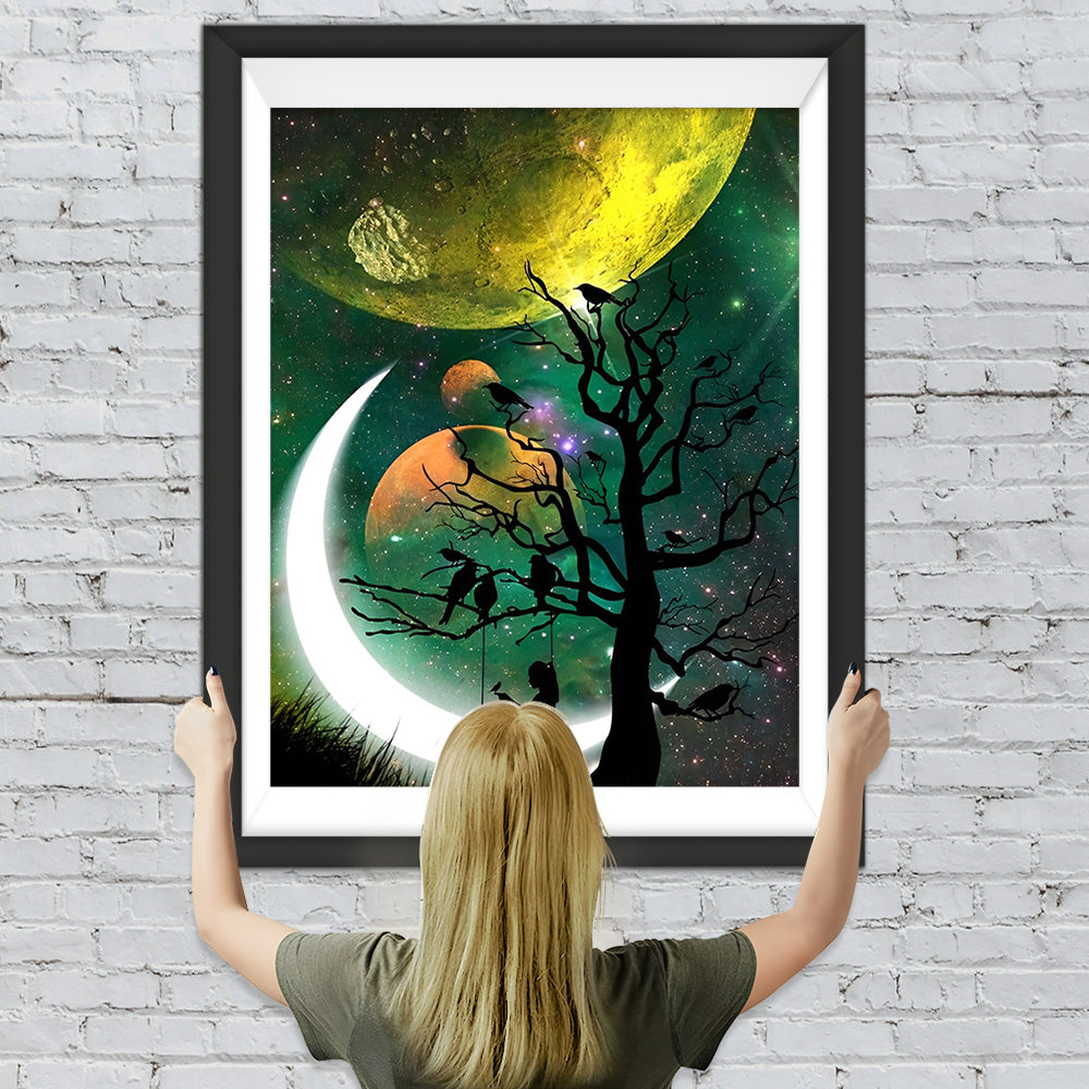 Mädchen und Baum unter den Planeten Diamond Painting