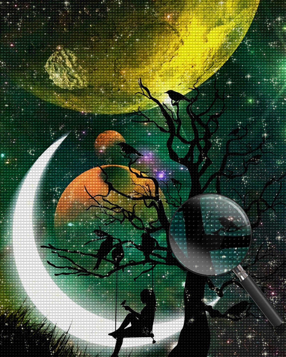 Mädchen und Baum unter den Planeten Diamond Painting
