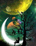 Mädchen und Baum unter den Planeten Diamond Painting