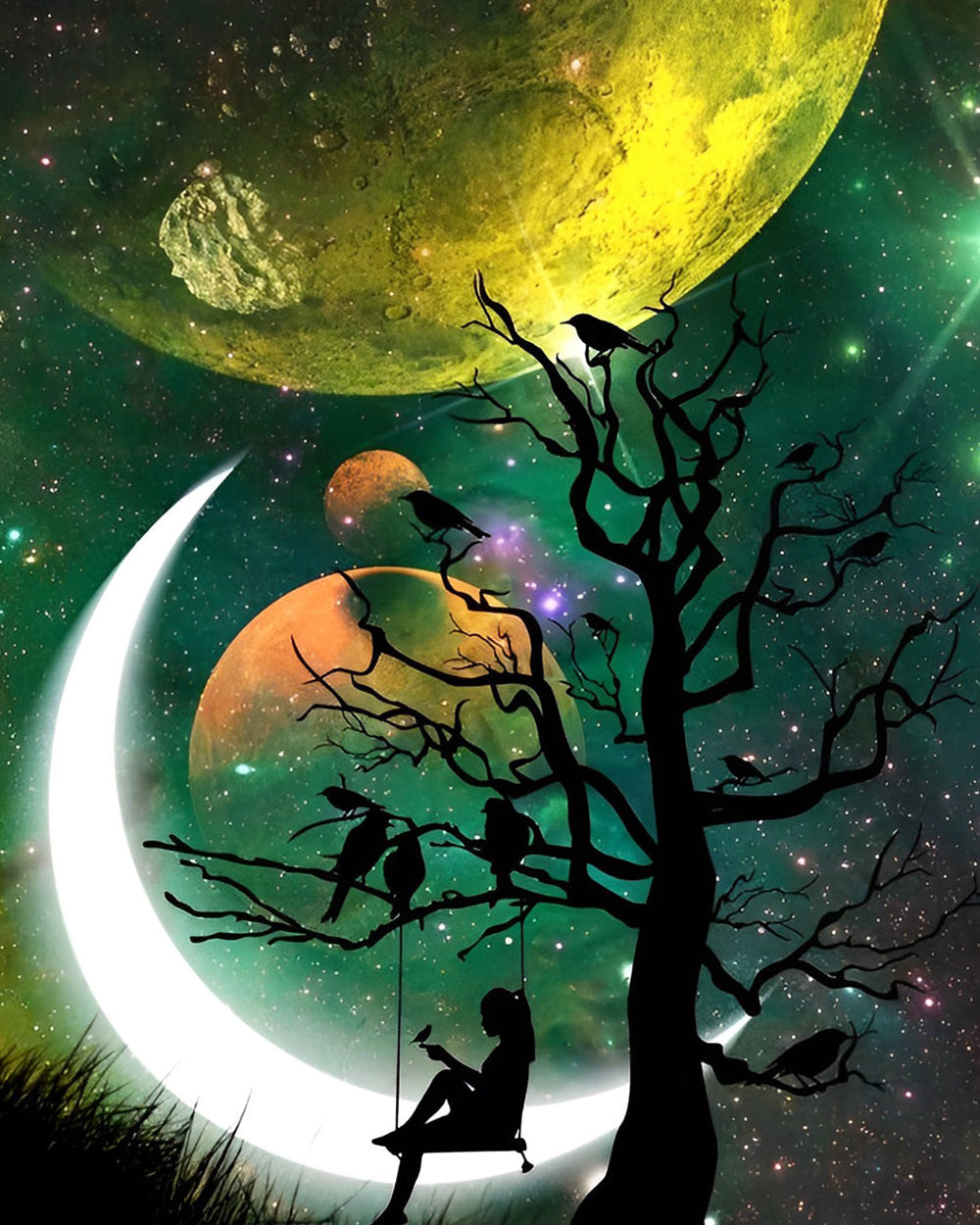 Mädchen und Baum unter den Planeten Diamond Painting