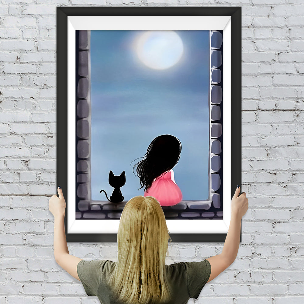 Mädchen und Katze auf der Fensterbank Diamond Painting