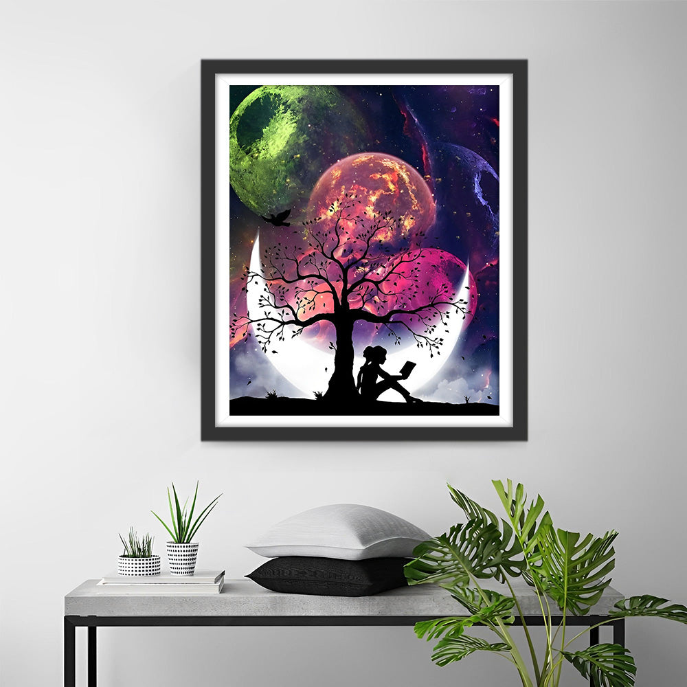 Mädchen und Mond unter den Planeten Diamond Painting