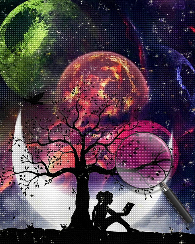 Mädchen und Mond unter den Planeten Diamond Painting