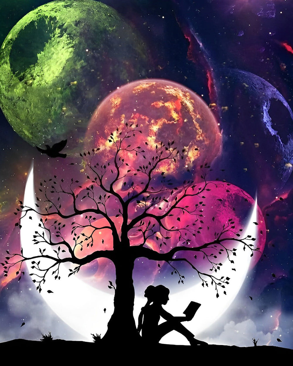Mädchen und Mond unter den Planeten Diamond Painting