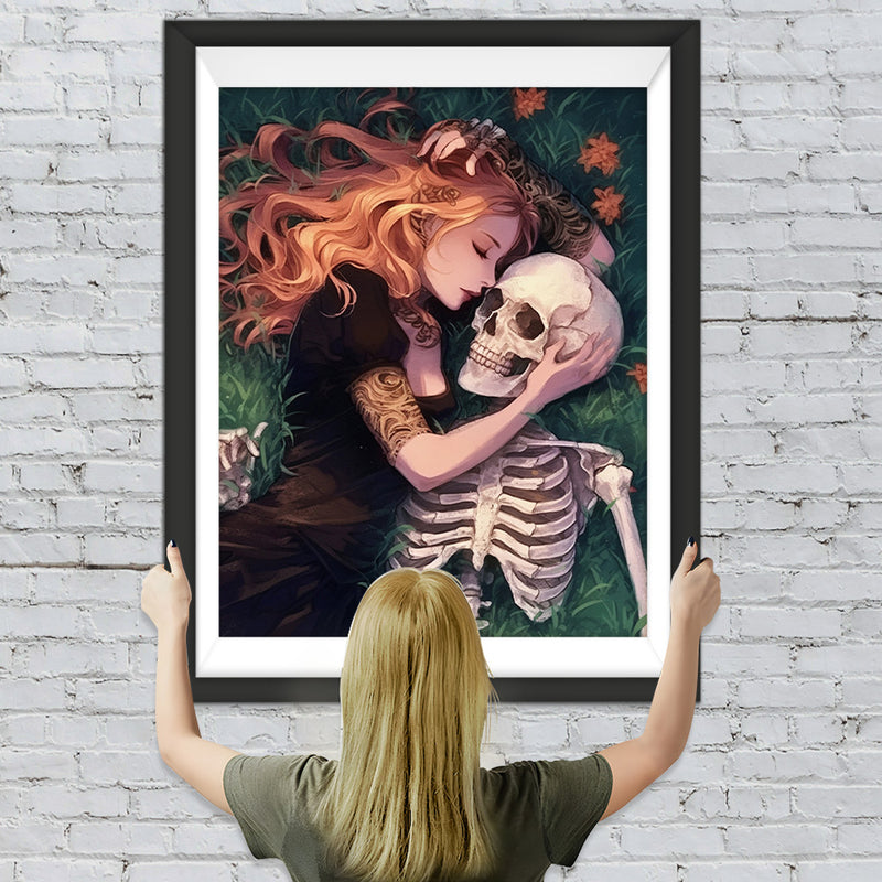 Mädchen und Skelett auf dem Gras liegend Diamond Painting