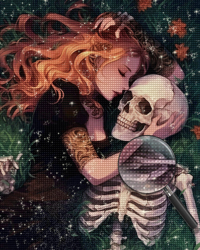 Mädchen und Skelett auf dem Gras liegend Diamond Painting