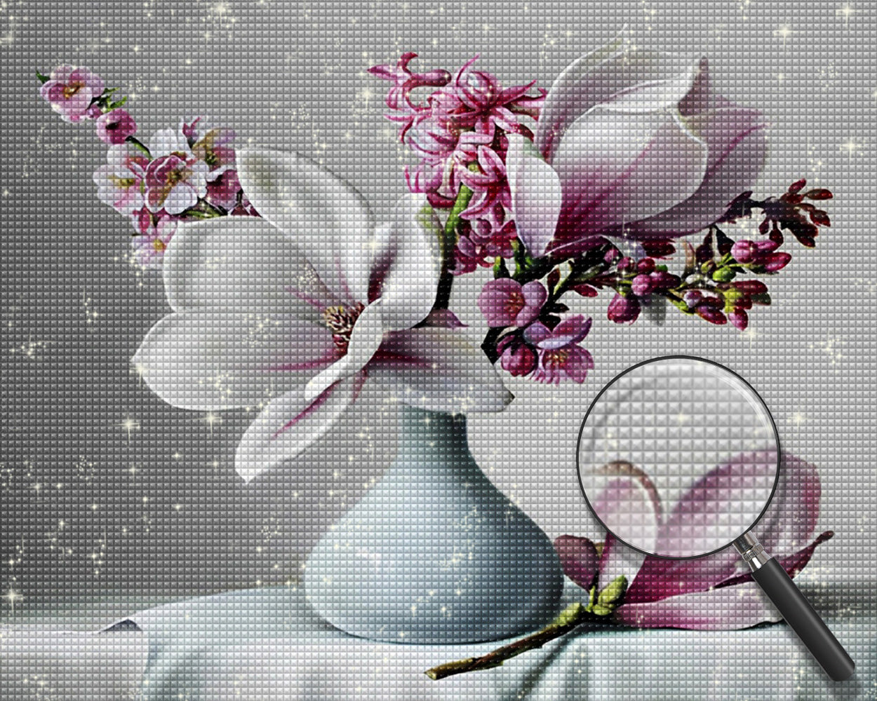 Magnolien und Orchidee in weißer Vase Diamond Painting