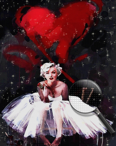 Marilyn Monroe in einem weißen Kleid und einem roten Herz Diamond Painting