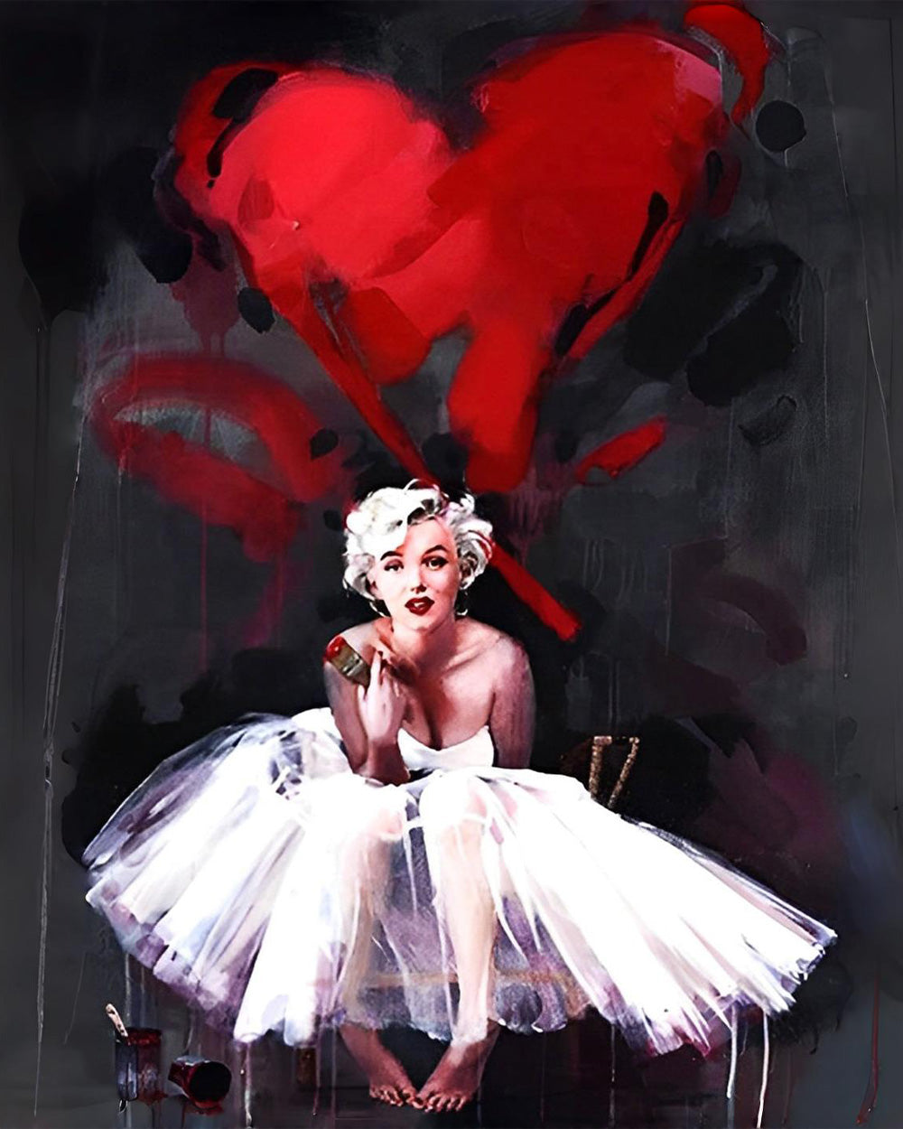 Marilyn Monroe in einem weißen Kleid und einem roten Herz Diamond Painting