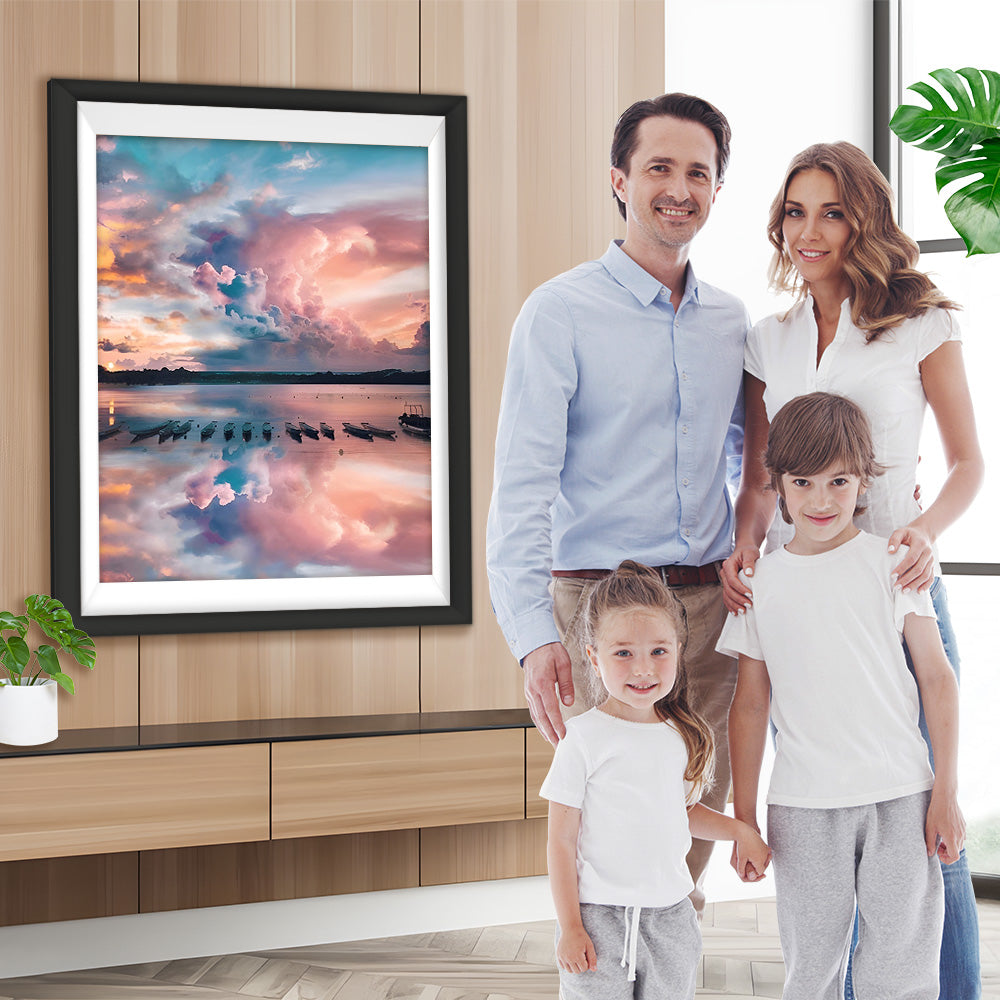 Meer und Boote unter rosa Wolken Diamond Painting