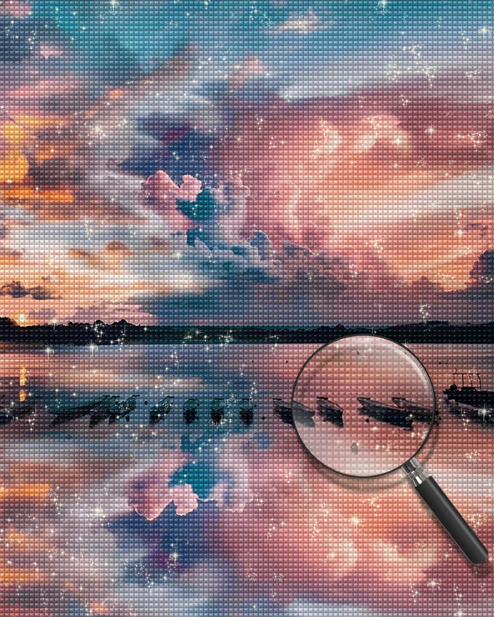 Meer und Boote unter rosa Wolken Diamond Painting