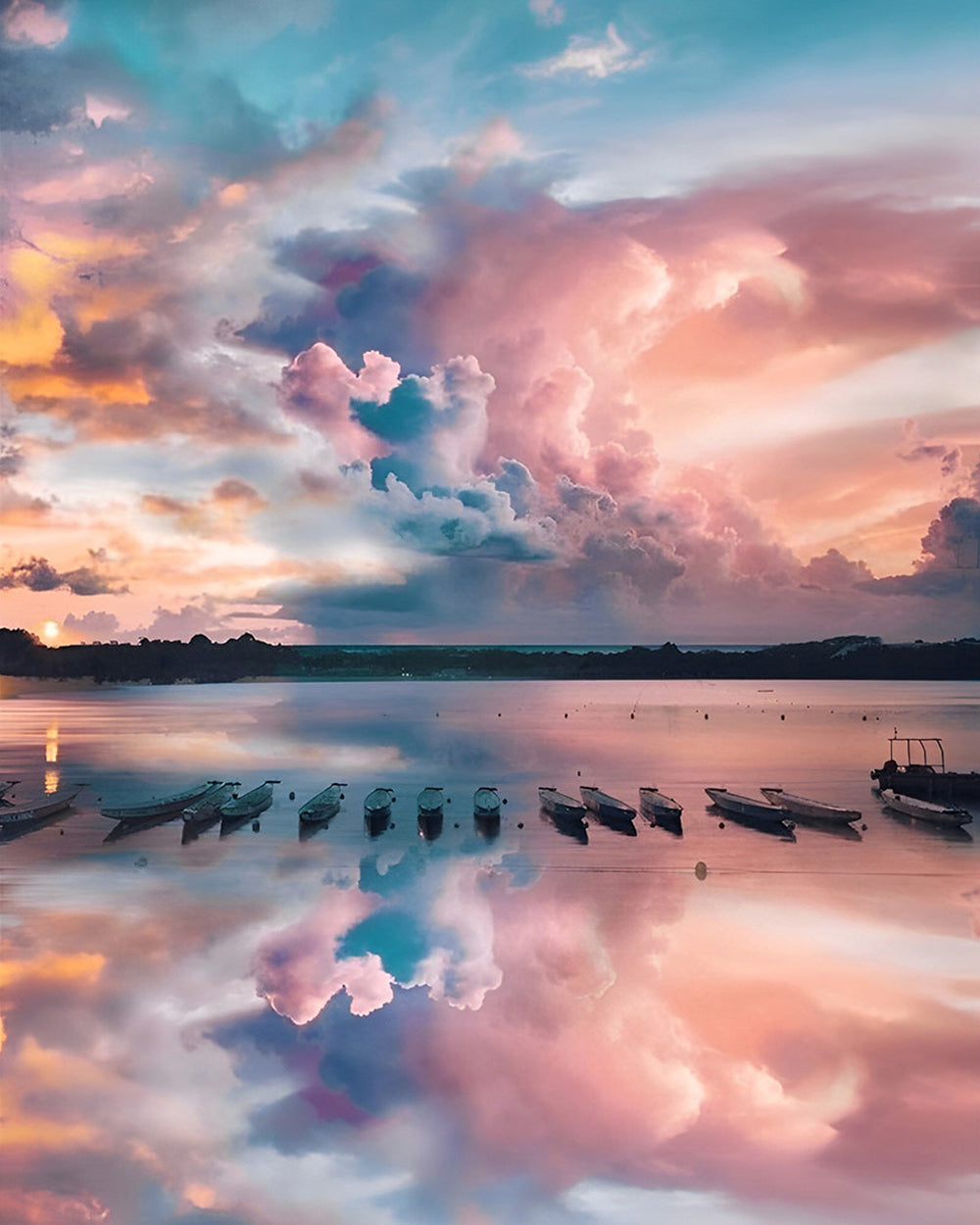 Meer und Boote unter rosa Wolken Diamond Painting