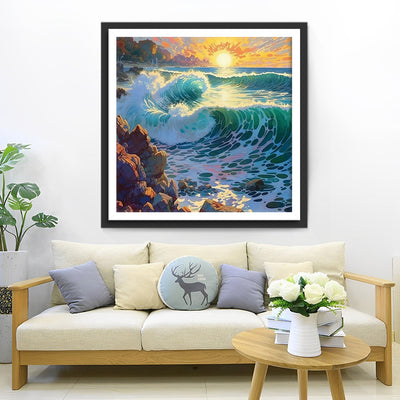 Meereswellen treffen auf die Felsen Diamond Painting