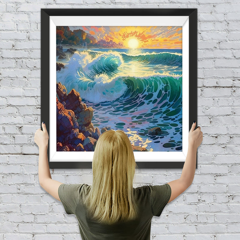 Meereswellen treffen auf die Felsen Diamond Painting
