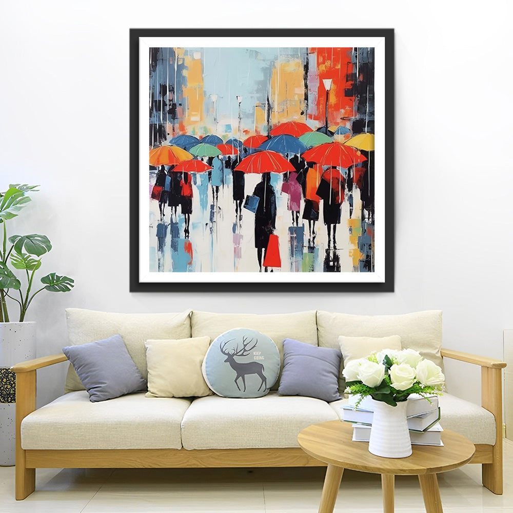 Menschenmenge mit Regenschirmen Diamond Painting