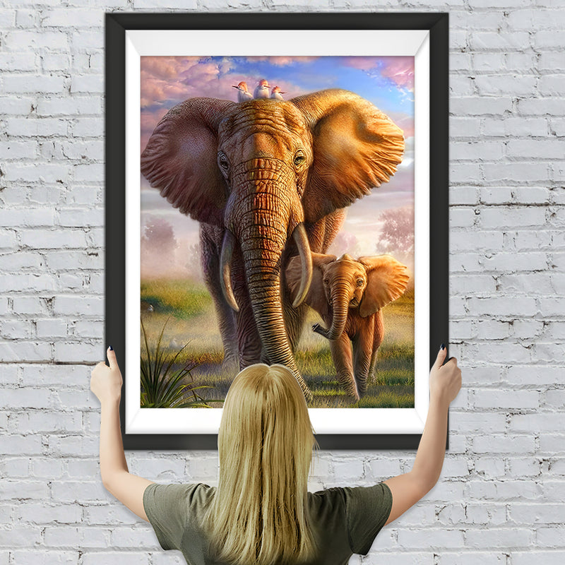 Migrierende Mutter Elefant mit ihrem Baby Diamond Painting