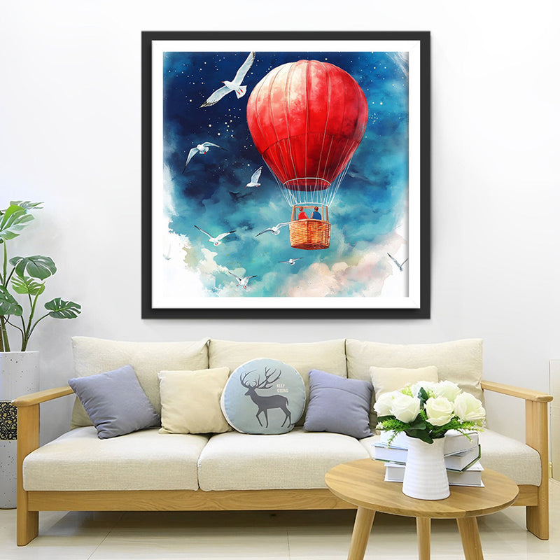 Möwen, die einen roten Heißluftballon umkreisen Diamond Painting