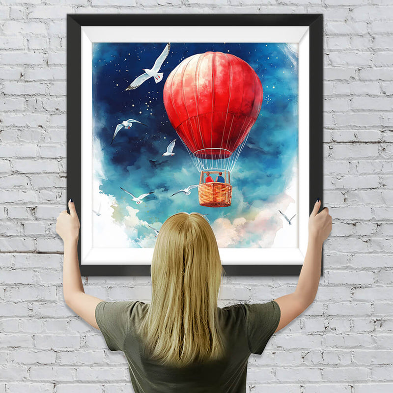 Möwen, die einen roten Heißluftballon umkreisen Diamond Painting