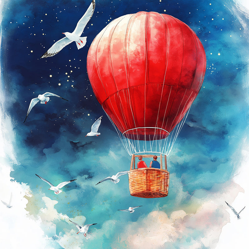 Möwen, die einen roten Heißluftballon umkreisen Diamond Painting