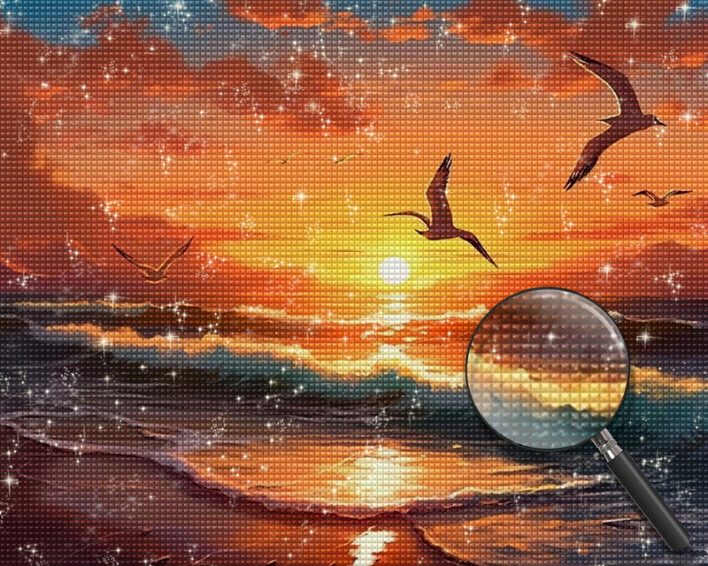 Möwen fliegen in den Sonnenuntergang Diamond Painting