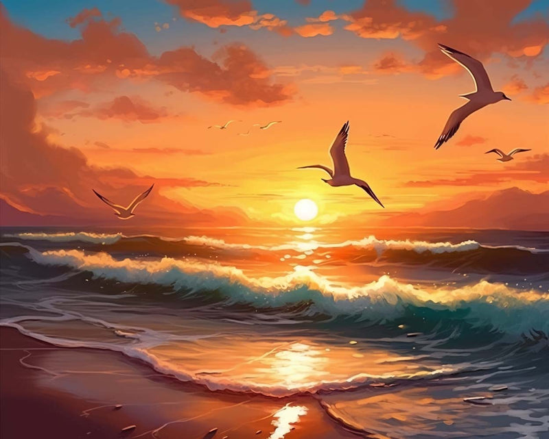 Möwen fliegen in den Sonnenuntergang Diamond Painting