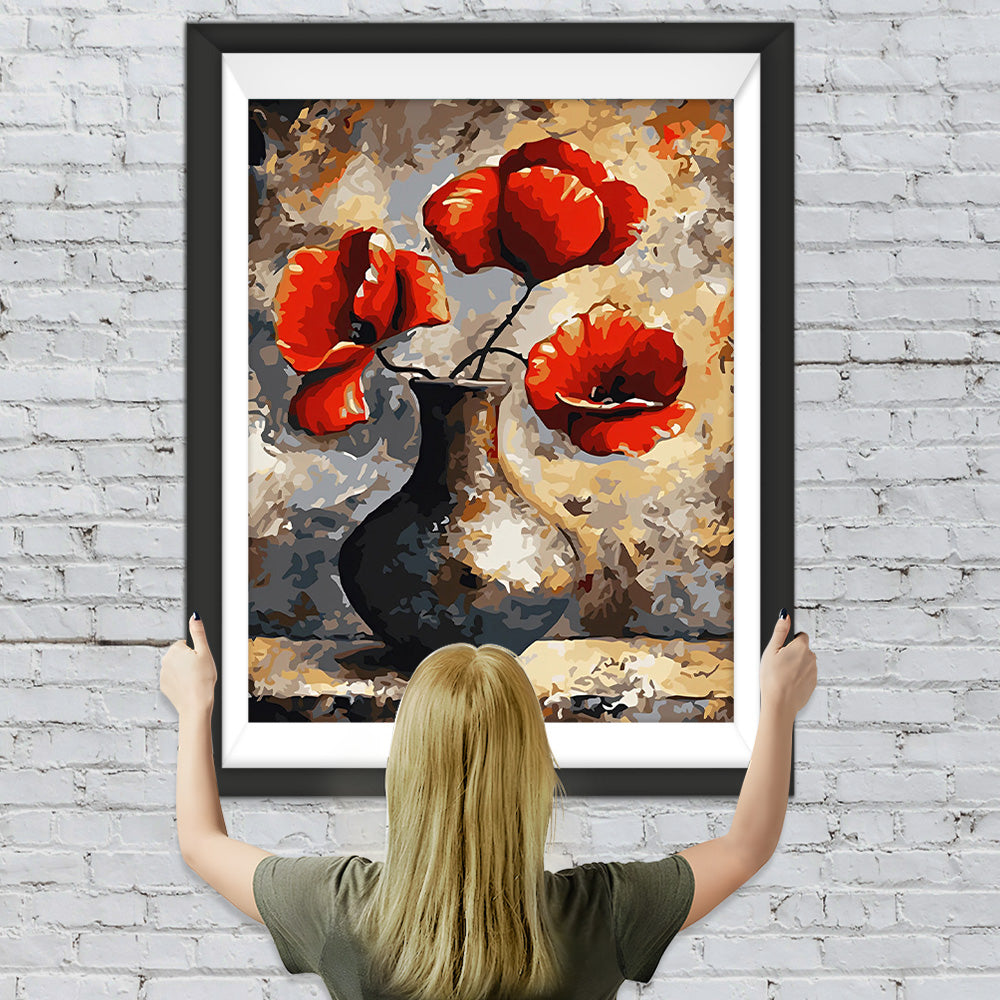 Mohnblumen in einem schwarzen Steingutgefäß Diamond Painting