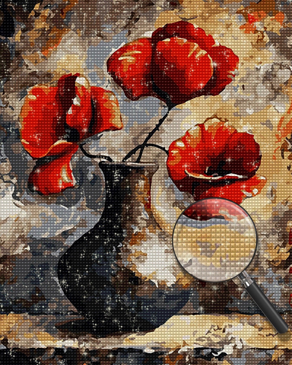 Mohnblumen in einem schwarzen Steingutgefäß Diamond Painting