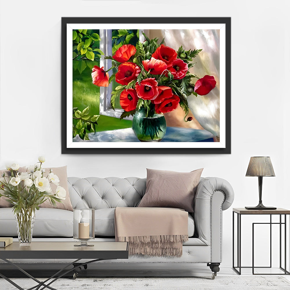 Mohnblumen in Glasvase am Fenster Diamond Painting